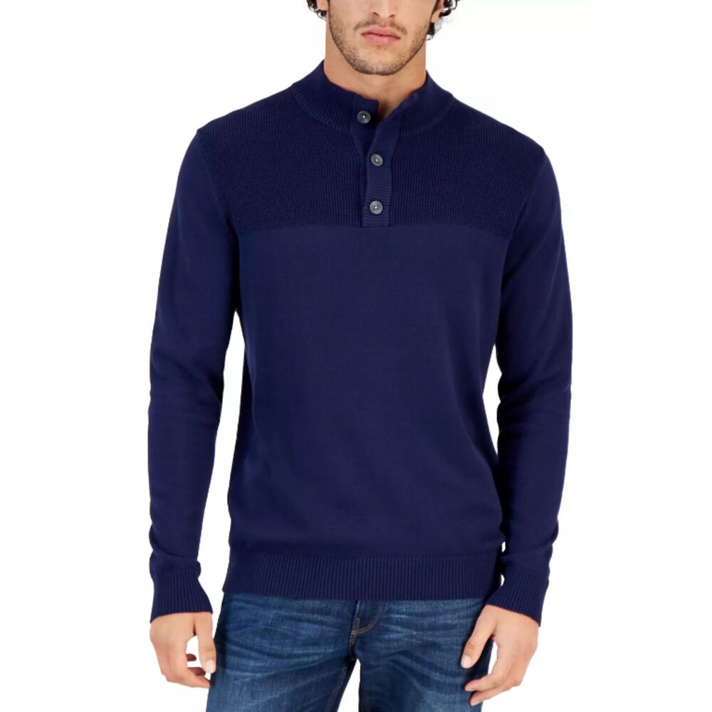Club Room Mens Navy Blue Mock Neck Henley Pullover Sweater S